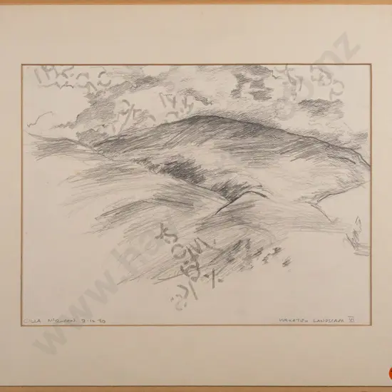 Cilla McQueen 1980 -- unframed matted pencil on paper "Wakatipu Landscape VI" H-230 W-300