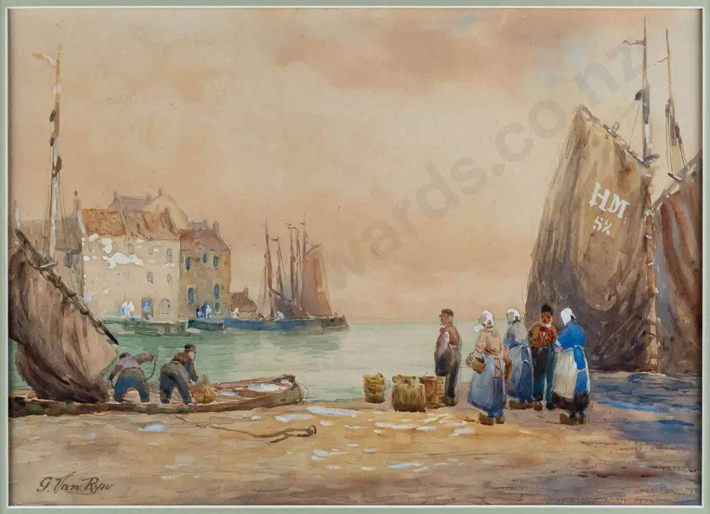 G Van Ryn (19th century Dutch), framed watercolour & body colour on paper "The Dutch Fishing Village" H-245 W-340 Image 1++