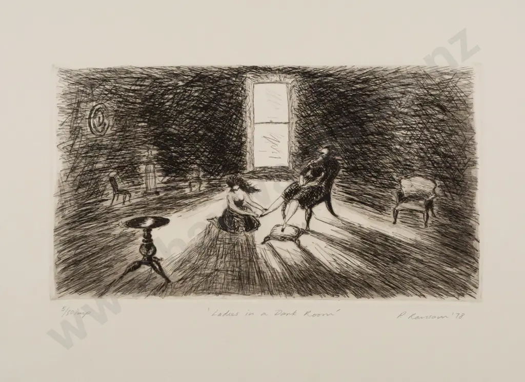 Peter Ransom 1978 -- unframed etching on paper "Ladies in a Dark Room" ed. 5/50 H-305 W-400 Image 1++