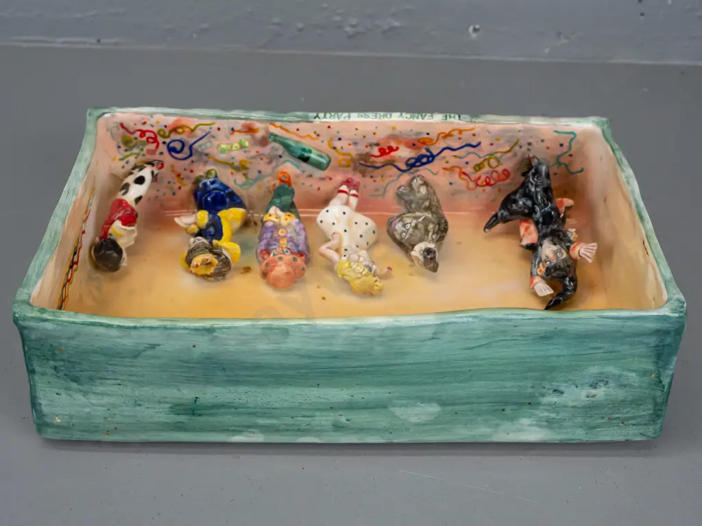 Marion Mewburn - ceramic diorama w/ 5 static figures and 1 figure mounted to spring, "The Fancy Dress Party" Image 1++