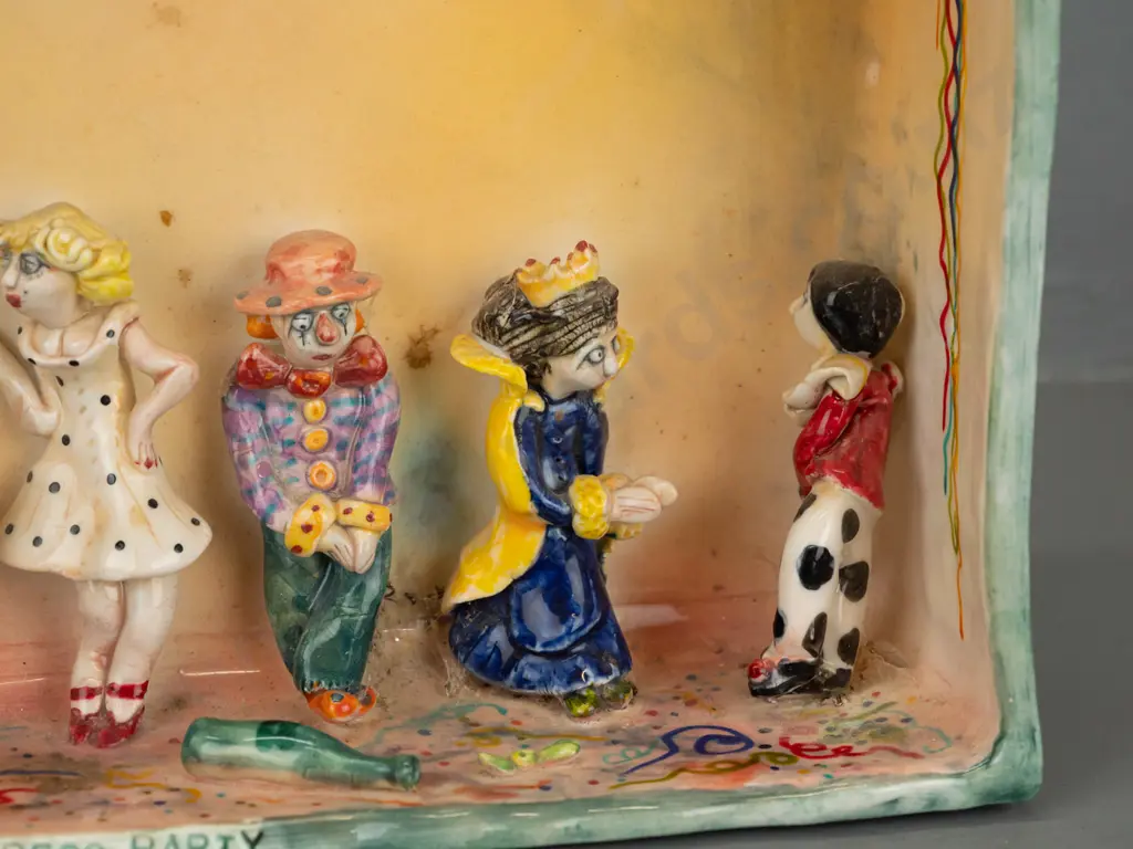 Marion Mewburn - ceramic diorama w/ 5 static figures and 1 figure mounted to spring, "The Fancy Dress Party" Image 1++