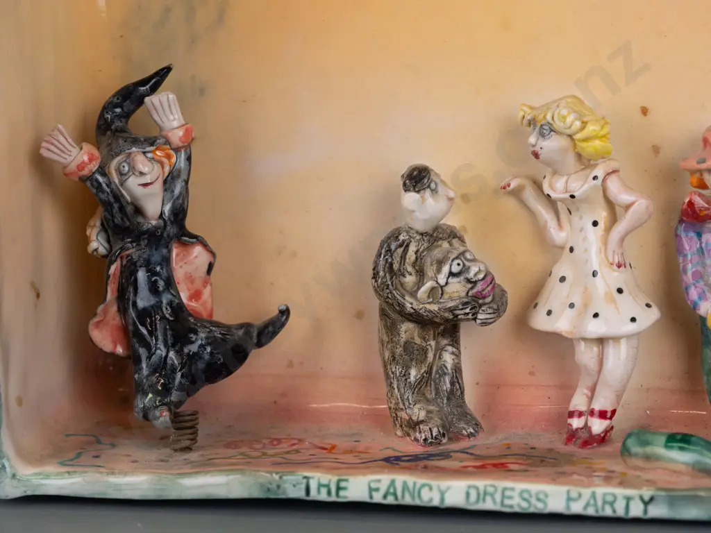 Marion Mewburn - ceramic diorama w/ 5 static figures and 1 figure mounted to spring, "The Fancy Dress Party" Image 1++
