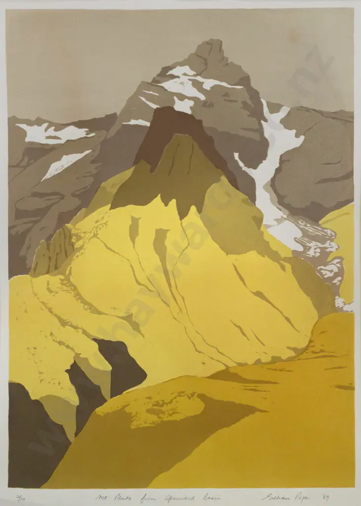 Gillian Pope -- unframed screenprint on paper "Mt Pluto from Spaniard Basin" 1989 ed 2/10 H-620 W-435 [light crease to Image 1++