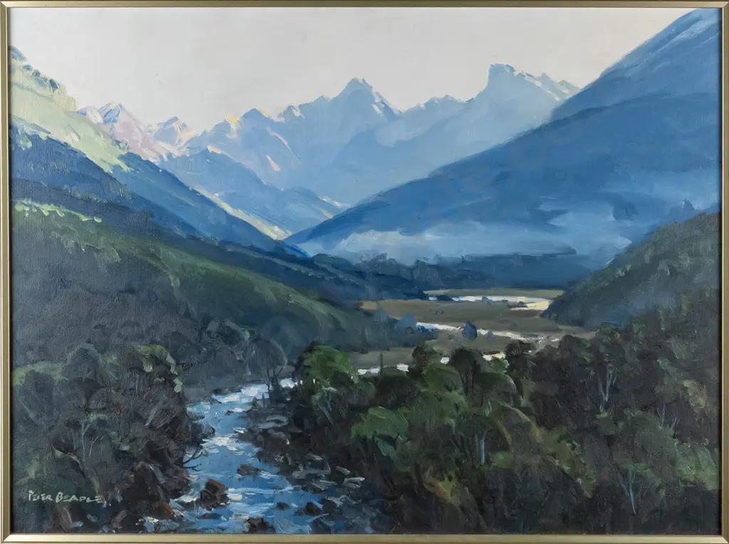 Peter Beadle -- gilt-framed oil on canvas board "Ice King Tops Commissioner Range Waiatoto Valley"  H-440 W-595 Image 1++