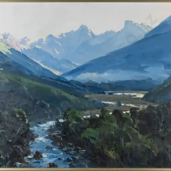 Peter Beadle -- gilt-framed oil on canvas board "Ice King Tops Commissioner Range Waiatoto Valley"  H-440 W-595