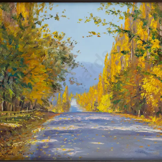 Mark Thomas -- gilt-framed oil on canvas board, autumn landscape H-395 W-500