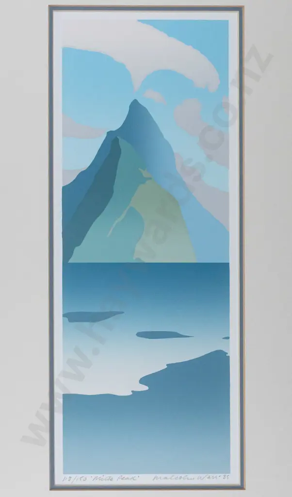 Malcolm Warr 1985 -- framed screenprint on paper, "Mitre Peak" ed. 113/150 [small water stain to top of mat] Image 1++