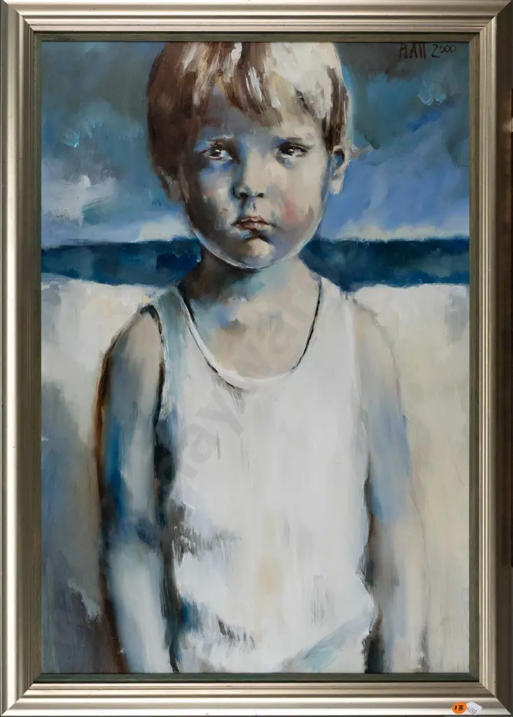 Suzy Platt 2000 -- framed oil on board "Boy on the Beach" H-595 W-405 Image 1++