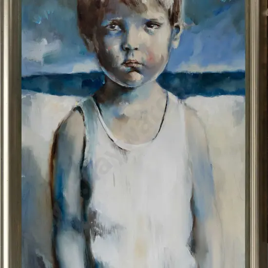 Suzy Platt 2000 -- framed oil on board "Boy on the Beach" H-595 W-405
