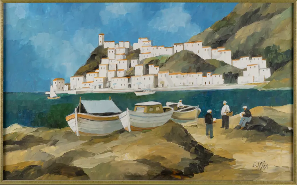 Tom Esplin -- framed oil on board " The Ferry at Poros" H-275 W-445 Image 1++