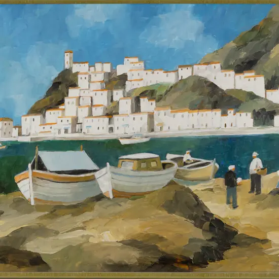 Tom Esplin -- framed oil on board " The Ferry at Poros" H-275 W-445