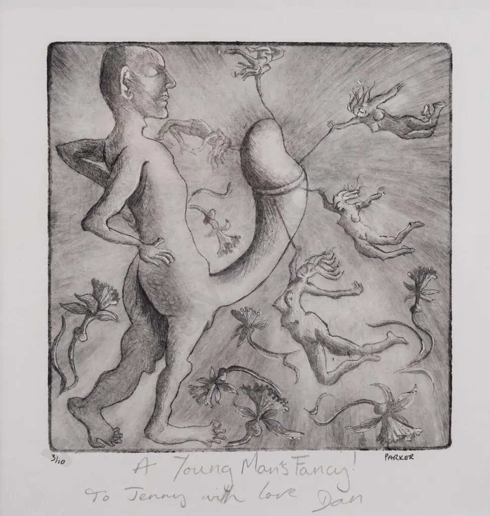 Dan Parker -- framed etching on paper "A Young Man's Fancy!" ed. 3/10 H-240 W-230 Image 1++
