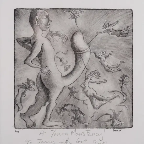 Dan Parker -- framed etching on paper "A Young Man's Fancy!" ed. 3/10 H-240 W-230