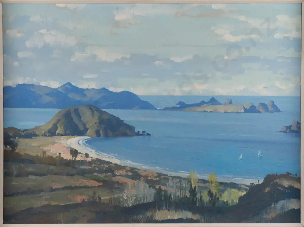 Charlton Edgar -- framed oil on canvasboard "Evening, Matauri Bay" H-395 W-530 [light age wear to frame] Image 1++