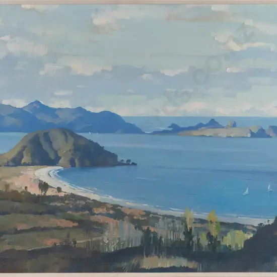 Charlton Edgar -- framed oil on canvasboard "Evening, Matauri Bay" H-395 W-530 [light age wear to frame]