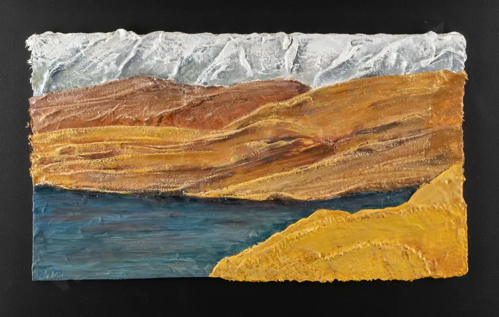 Elizabeth McAllister -- framed acrylic hessian & plaster on board "Landform One" H-225 W-390 Image 1++