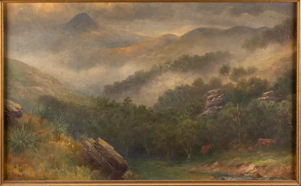 John Elder Moultray -- gilt-framed oil on board, NZ landscape with cattle, H-240 W-395 Image 1++