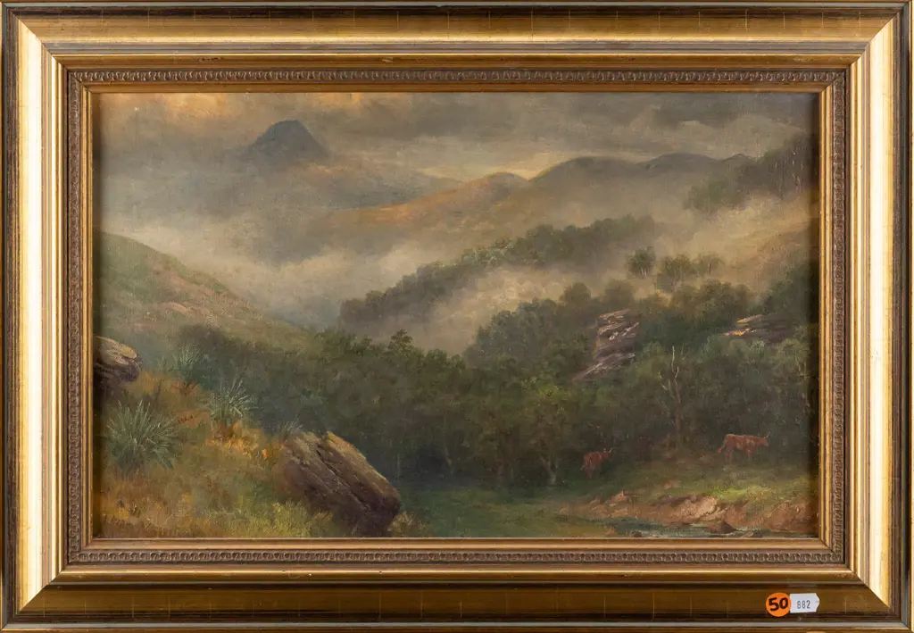 John Elder Moultray -- gilt-framed oil on board, NZ landscape with cattle, H-240 W-395 Image 1++
