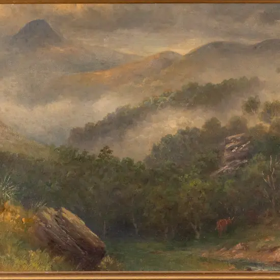 John Elder Moultray -- gilt-framed oil on board, NZ landscape with cattle, H-240 W-395