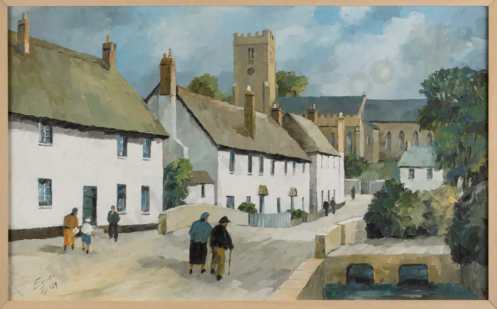Tom Esplin -- framed oil on board "East Budleigh Village" H-275 W-450 Image 1++