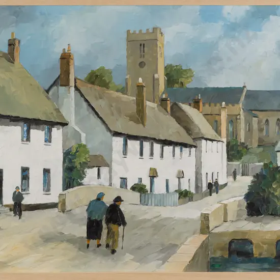 Tom Esplin -- framed oil on board "East Budleigh Village" H-275 W-450