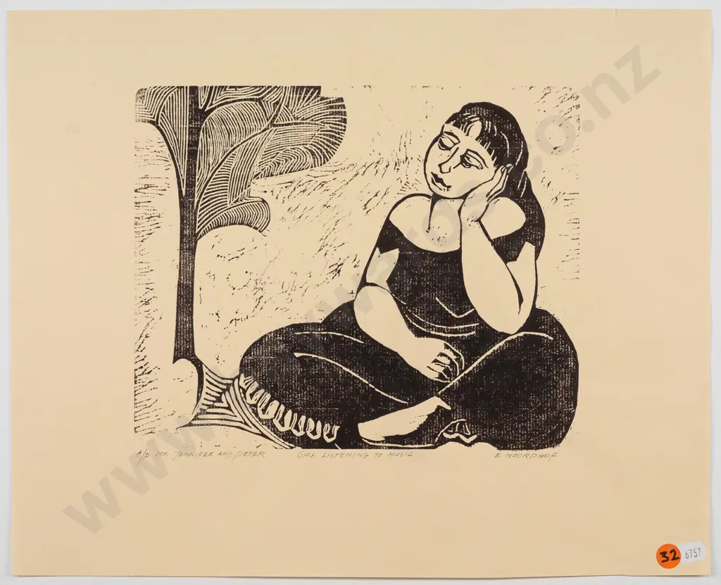 Els Noordhof -- unframed linocut on paper "Girl Listening to Music" Artist's Proof ["for Jennifer & Peter"] H-320 W-400 Image 1++