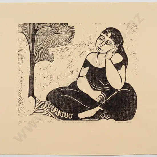 Els Noordhof -- unframed linocut on paper "Girl Listening to Music" Artist's Proof ["for Jennifer & Peter"] H-320 W-400