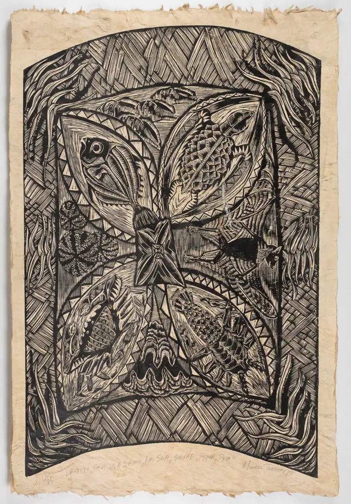 Michel Tuffery 1988 - unframed screenprint on tapa cloth  "Laumei, Pa'a, Ulasami" ed. 13/25, H-840 W-610 scratch/paint Image 1++