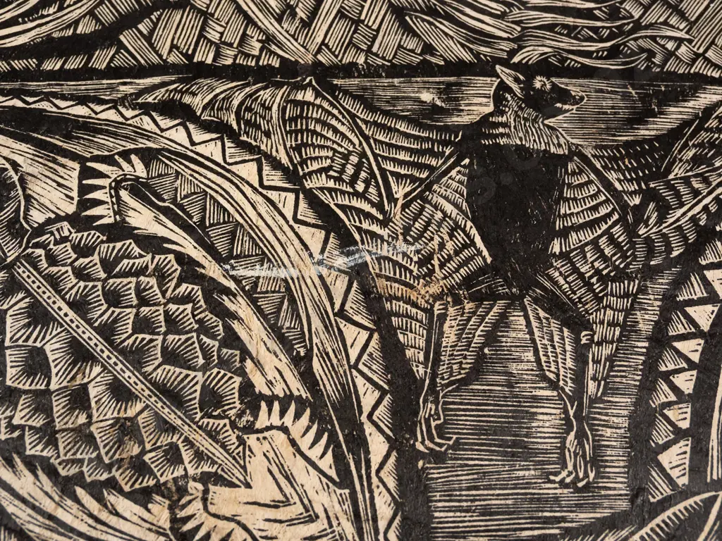 Michel Tuffery 1988 - unframed screenprint on tapa cloth  "Laumei, Pa'a, Ulasami" ed. 13/25, H-840 W-610 scratch/paint Image 1++