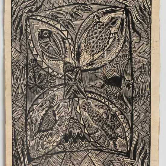 Michel Tuffery 1988 - unframed screenprint on tapa cloth  "Laumei, Pa'a, Ulasami" ed. 13/25, H-840 W-610 scratch/paint