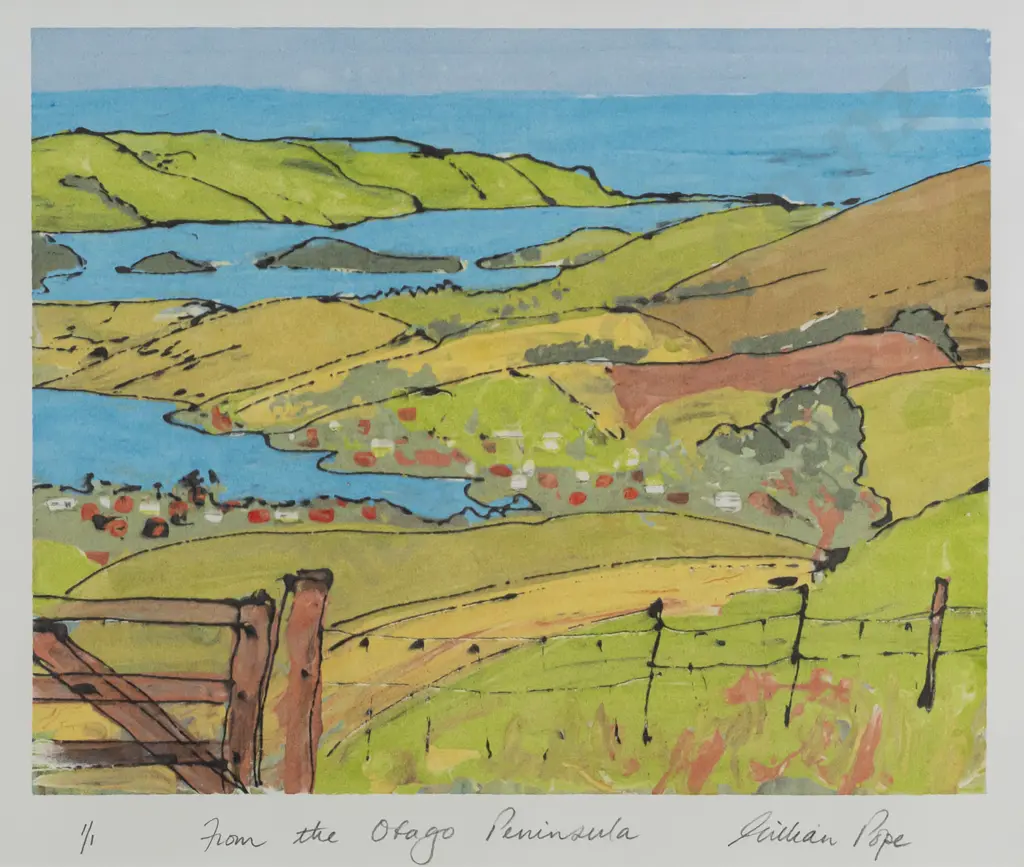 Gillian Pope -- unframed mono screenprint "From the Otago Peninsula" ed. 1/1 H-230 W-275 Image 1++