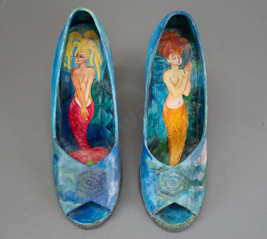 Pamela Brown -- acrylic on pair of block-heel open-toe shoes, mermaids. Each: H-140 L-210 [some paint loss to inside Image 1++
