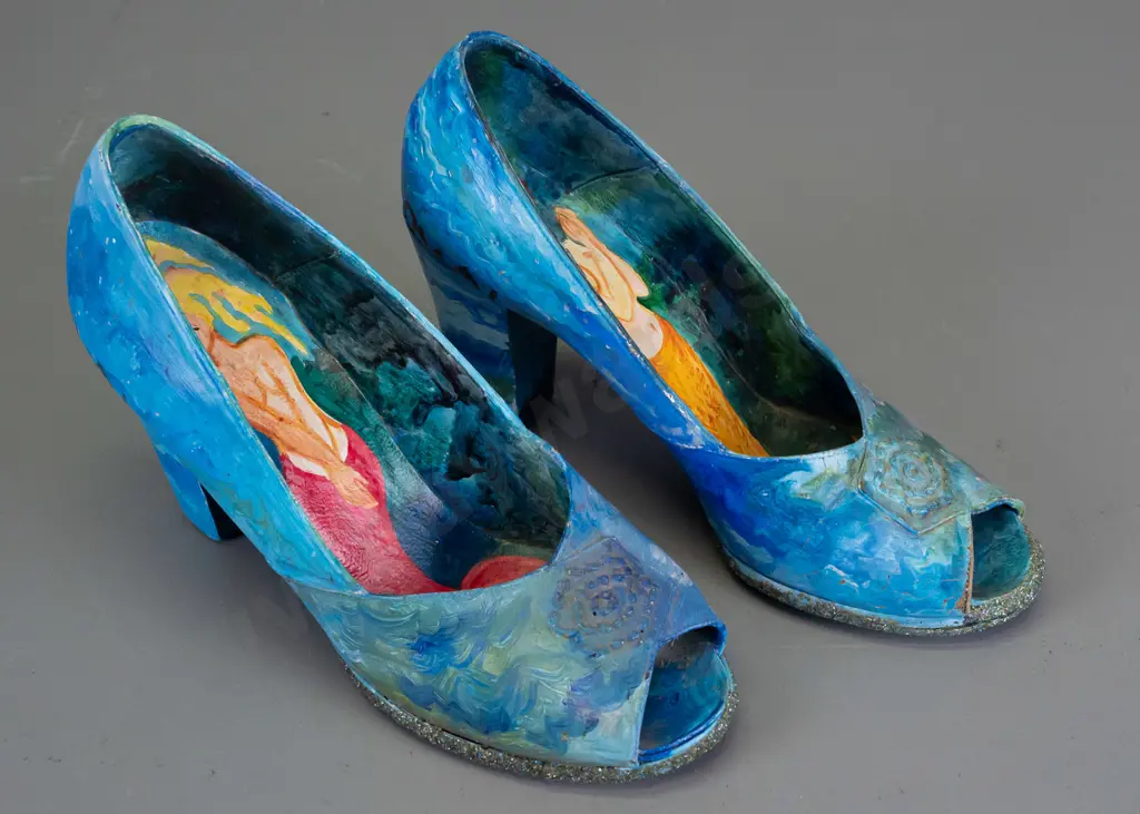 Pamela Brown -- acrylic on pair of block-heel open-toe shoes, mermaids. Each: H-140 L-210 [some paint loss to inside Image 1++