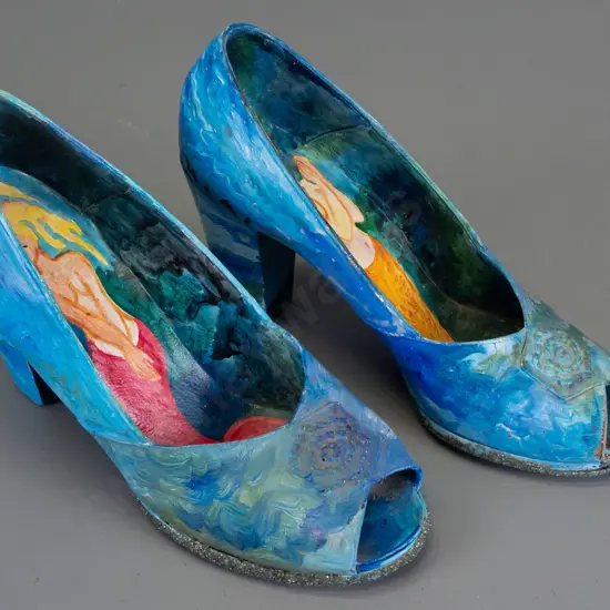 Pamela Brown -- acrylic on pair of block-heel open-toe shoes, mermaids. Each: H-140 L-210 [some paint loss to inside