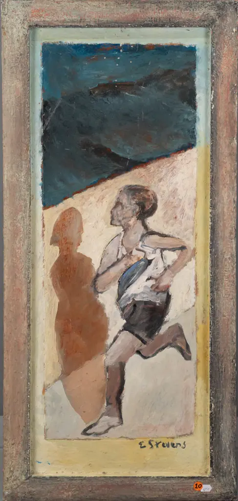 Eion Stevens -- oil on paper mounted to painted board in painted frame, runner, overall measurements H-775 W-360 [some Image 1++