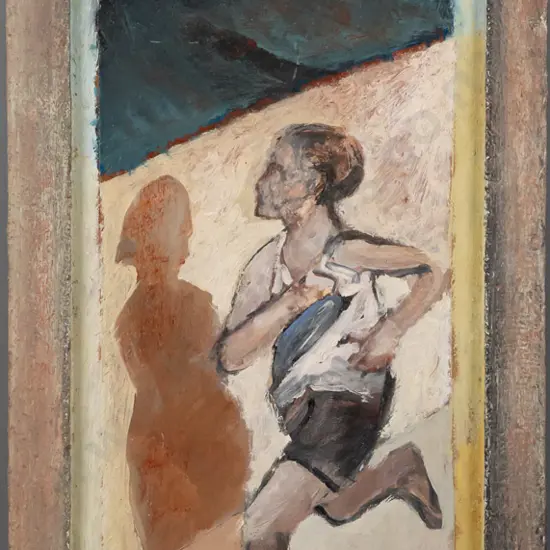 Eion Stevens -- oil on paper mounted to painted board in painted frame, runner, overall measurements H-775 W-360 [some