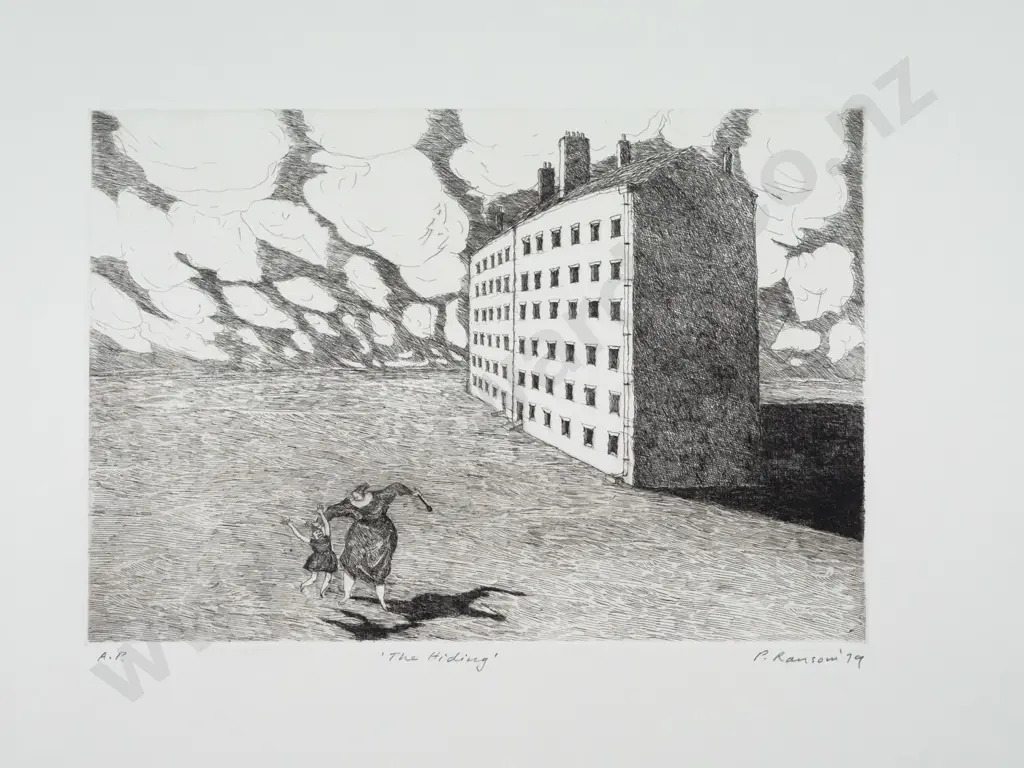 Peter Ransom 1979 -- unframed etching on paper "The Hiding" Artist's Proof H-375 W-525 [creases to top corners which do Image 1++