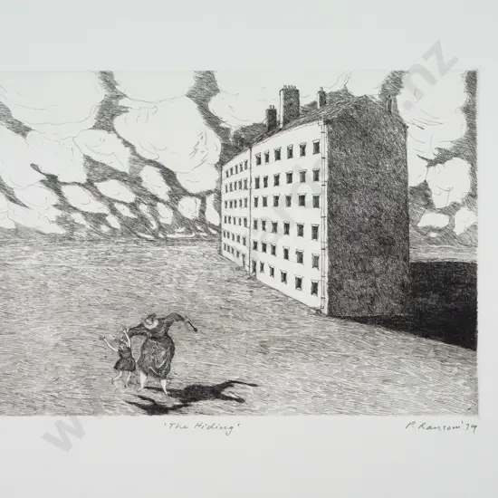 Peter Ransom 1979 -- unframed etching on paper "The Hiding" Artist's Proof H-375 W-525 [creases to top corners which do