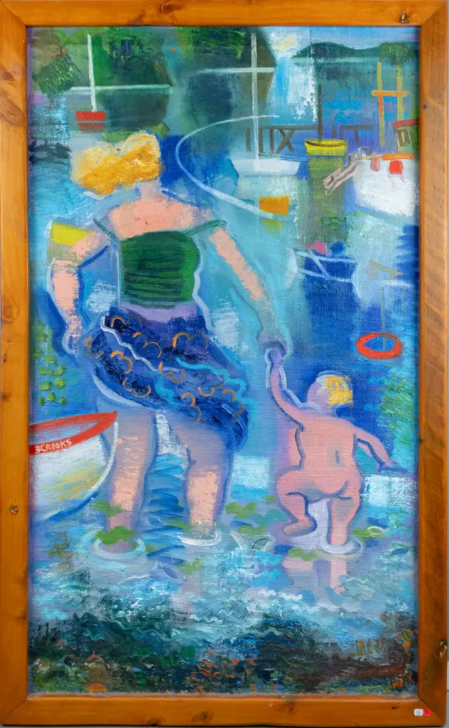 framed Lindsay Crooks - framed oil on hessian "Mother and Child" H1190 W685 Image 1++