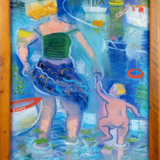 framed Lindsay Crooks - framed oil on hessian "Mother and Child" H1190 W685