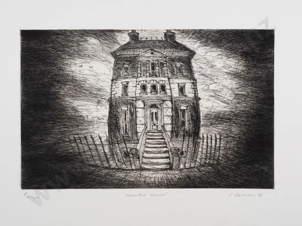 Peter Ransom 1978 -- unframed etching on paper "Haunted House" ed. 8/30 H-375 W-525 [crease to top left corner of paper, Image 1++
