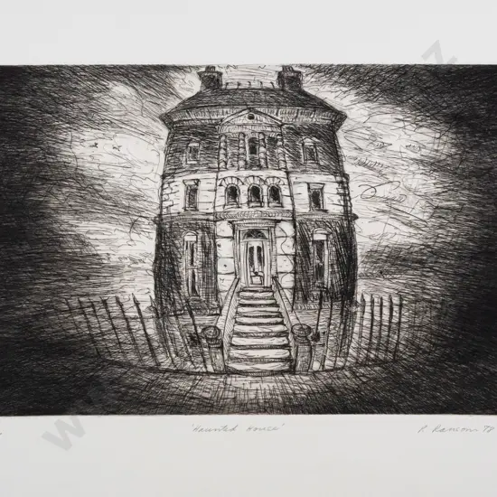 Peter Ransom 1978 -- unframed etching on paper "Haunted House" ed. 8/30 H-375 W-525 [crease to top left corner of paper,