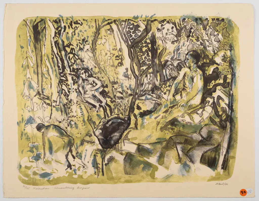 Janet Elaine Paul 1990 -- unframed lithograph on paper "Kairakau Remembering Giorgione" ed. 21/25 H-375 W-485 Image 1++