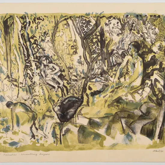 Janet Elaine Paul 1990 -- unframed lithograph on paper "Kairakau Remembering Giorgione" ed. 21/25 H-375 W-485
