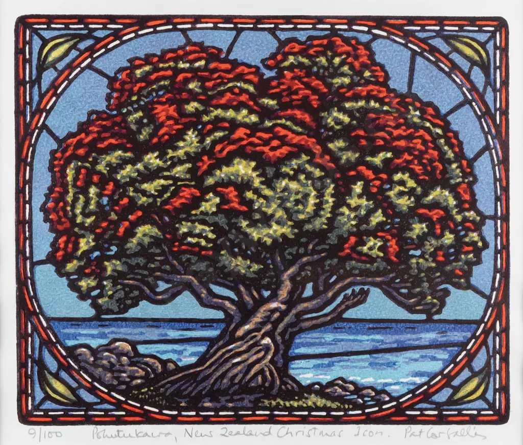 Pat Corballis -- framed linocut on paper "Pohutukawa, New Zealand Christmas Icon" ed. 9/100 H-220 W-260 Image 1++