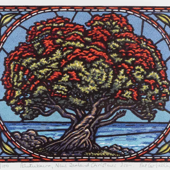 Pat Corballis -- framed linocut on paper "Pohutukawa, New Zealand Christmas Icon" ed. 9/100 H-220 W-260