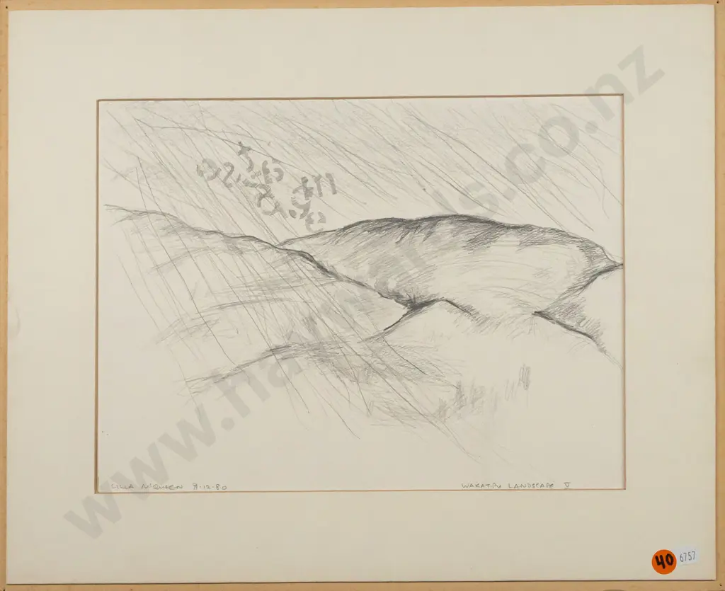 Cilla McQueen 1980 -- unframed matted pencil on paper "Wakatipu Landscape V" H-230 W-300 Image 1++