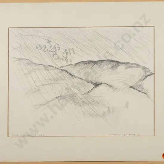 Cilla McQueen 1980 -- unframed matted pencil on paper "Wakatipu Landscape V" H-230 W-300