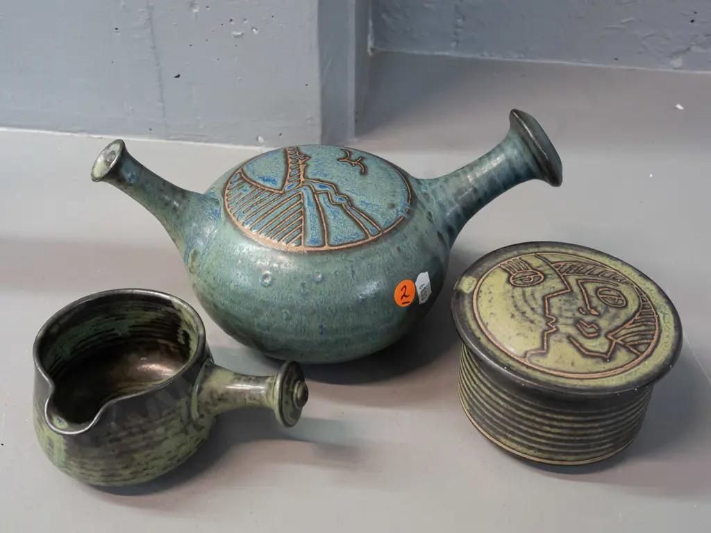 3 pieces of John Crawford New Zealand studio pottery - pouring vessel, lidded canister and small handled sauce/ramekin - Image 1++