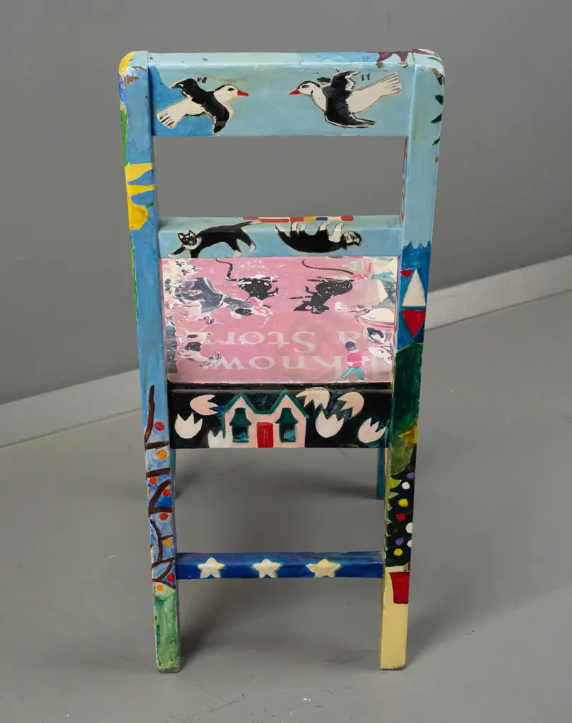 Pamela Brown 1997 -- acrylic & decoupage on child's chair, mermaid, villas, cats, birds etc. H-620 W-290 [some fading to Image 1++